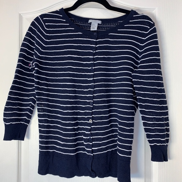 H&M Sweaters - Nautical Striped Knit Sweater Navy White 3/4 Sleeve Size M – Lightweight Coastal